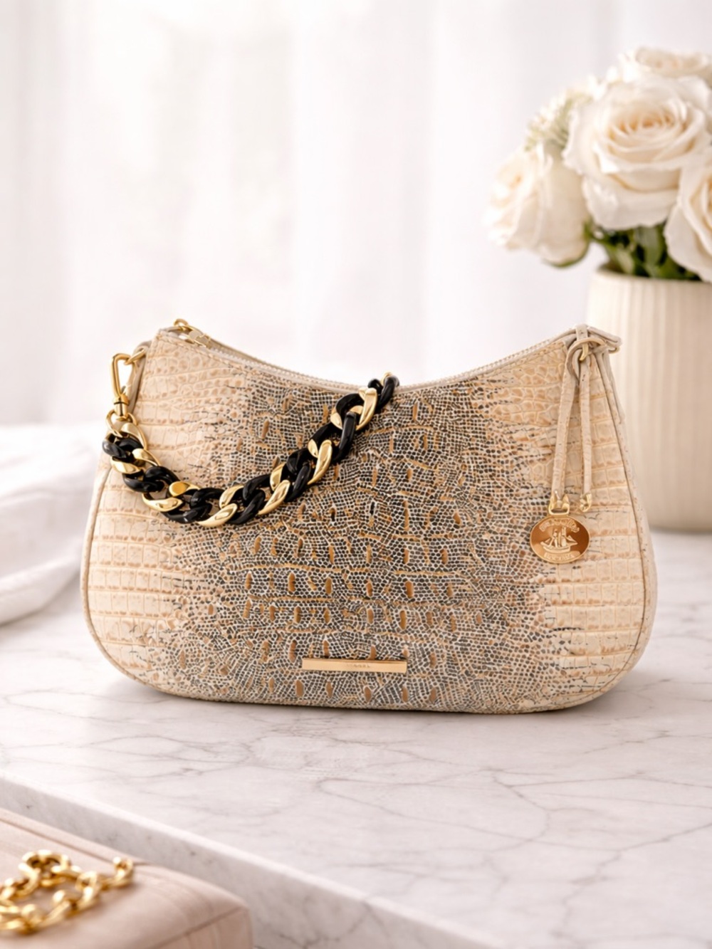 Brahmin Shayna Shoulder Bag Ivory Iguana Ombre Melbourne Leather Chain Strap